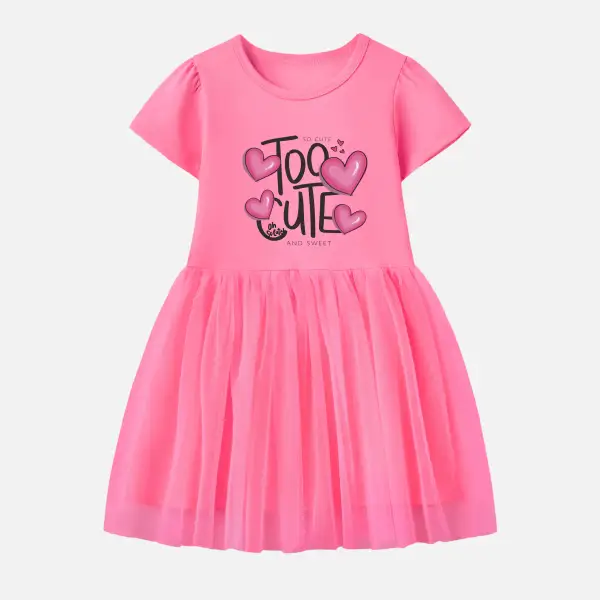 【12M-7Y】Girl Cotton Stain Resistant Letter Heart-shaped Print Splicing Tulle Short Sleeve Dress - Popopie.com 