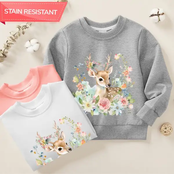 【12M-9Y】Girl Cotton Stain Resistant Cartoon Deer Print Long Sleeve Sweatshirt - Popopieshop.com 