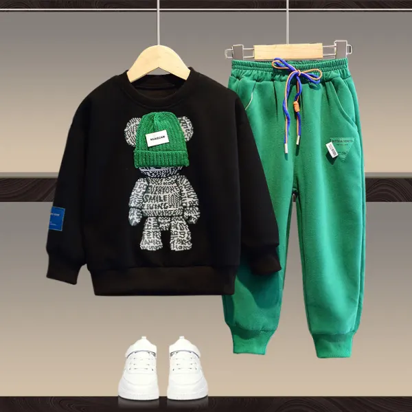【18M-13Y】Unisex Casual Cartoon Bear Print Sweatshirt And Pants Set - 9204 - Popopieshop.com 