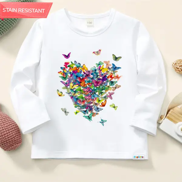 【12M-9Y】Girl Cotton Stain Resistant Colorful Butterfly Print Long Sleeve Tee - Popopieshop.com 