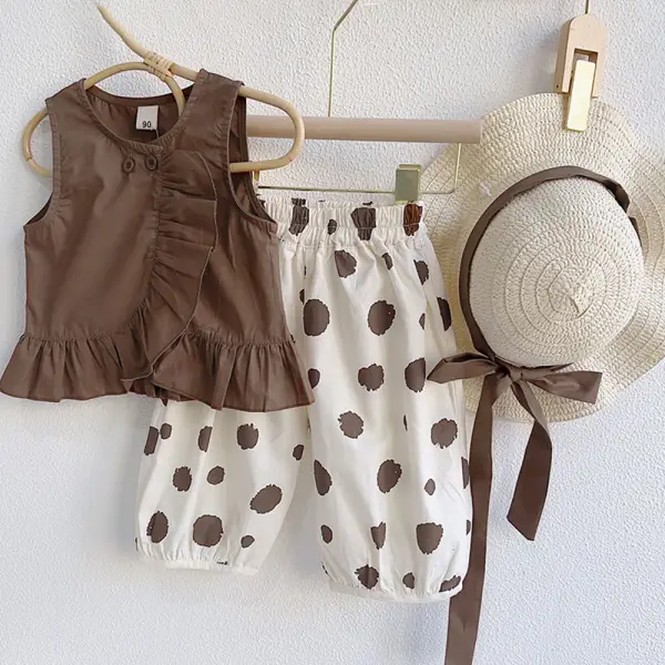 【18M-9Y】3-piece Girls Brown Top And Polka Dot Pants Set With Hat - 34307 - Popopie.com 