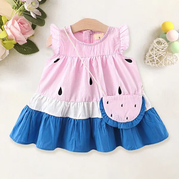【9M-3Y】2-piece Girls Cute Watermelon Pattern Print Sleeveless Short Dress With Messenger Bag - 33324 - Popopieshop.com 