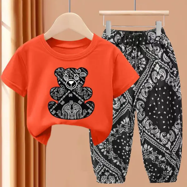 【18M-9Y】2-piece Boys Bear Print Short-sleeved T-shirt And Pants Set - Popopieshop.com 