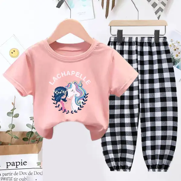 【18M-9Y】2-piece Girls Unicorn Print Short-sleeved T-shirt And Plaid Pants Set - Popopieshop.com 
