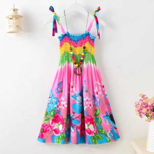 【2Y-13Y】2-piece Girls Fashion Flower And Butterfly Print Slip Bohomia Dress With Necklace - Popopieshop.com 