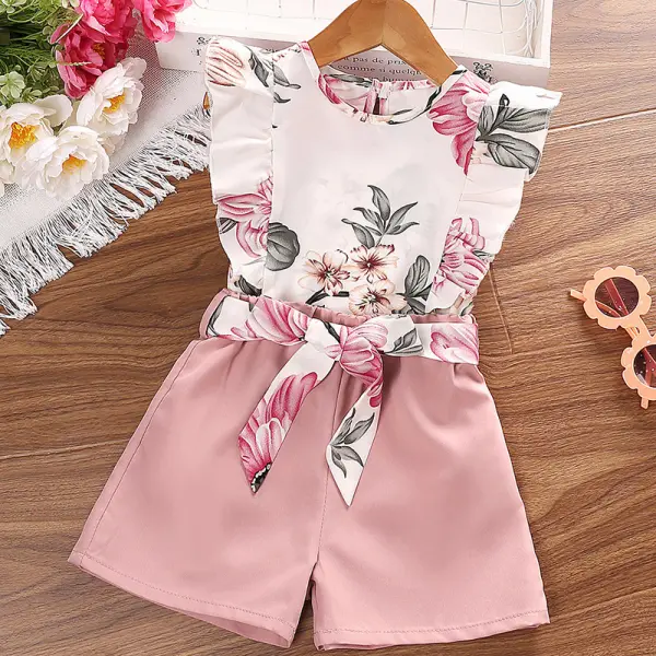 【3Y-7Y】2-piece Girls Sweet Flower Print Top And Shorts Set - 34230 - Popopieshop.com 