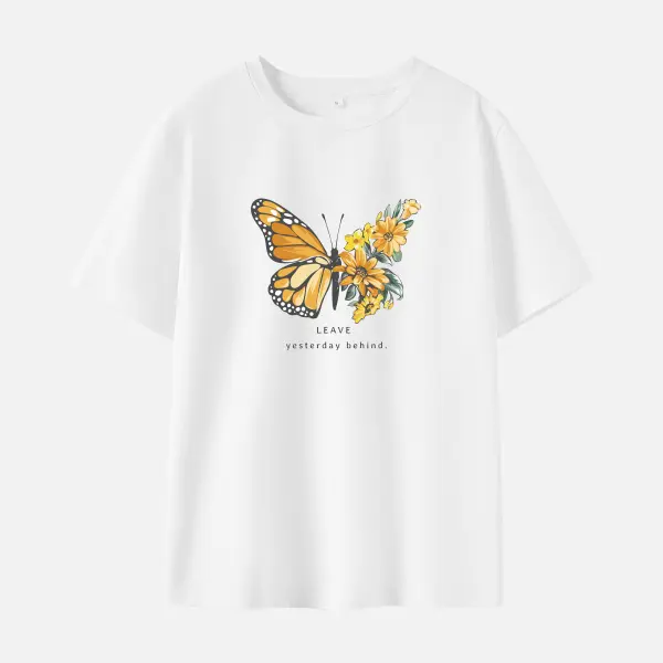 Women Cotton Stain Resistant Butterflies And Flowers Print Short Sleeve T-shirt - Popopieshop.com 