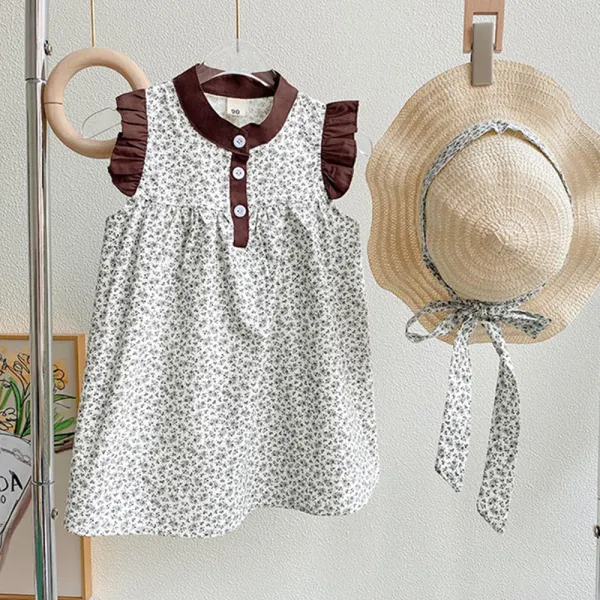 【18M-9Y】Girl Sweet Floral Ruffled Colorblock Sleeveless Dress With Hat - 33295 Only $17.99 - Popopieshop.com 