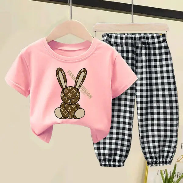 【18M-9Y】2-piece Girls Bunny Print Short-sleeved T-shirt And Plaid Pants Set - Popopieshop.com 