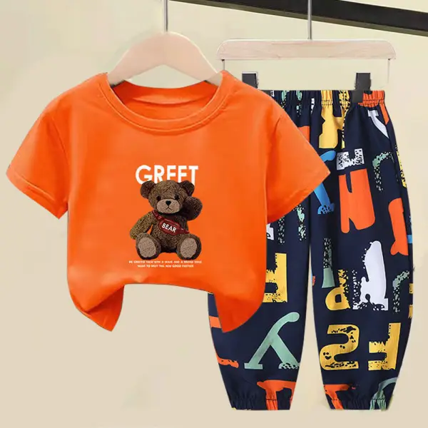 【18M-9Y】2-piece Boys Bear Print Short-sleeved T-shirt And Pants Set - Popopieshop.com 
