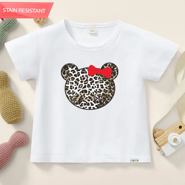 【12M-9Y】Girls Cotton Stain Resistant Leopard Print Bear Pattern Short Sleeve Tee - Popopieshop.com 