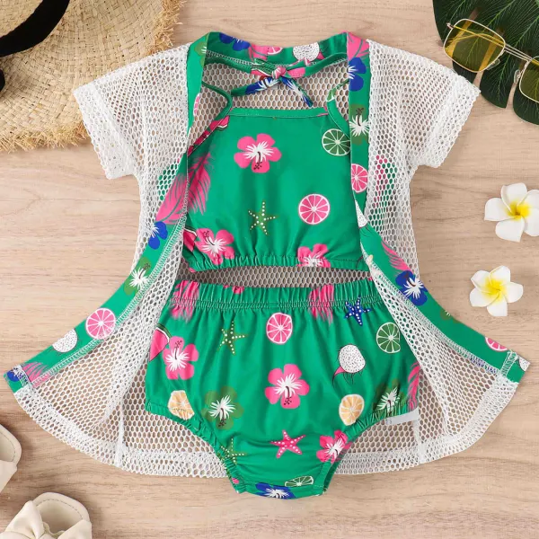 【12M-5Y】3-piece Girls Green Floral Swimsuit Set With Sun Protection Shirt - Podoasis.com 