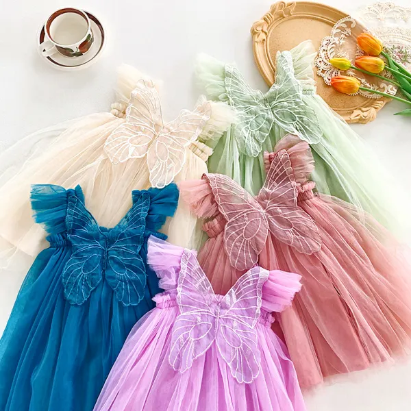 【12M-9Y】Girls Sweet Butterfly Embroidered Back Mesh Dress With Small Flying Sleeves - Popopieshop.com 