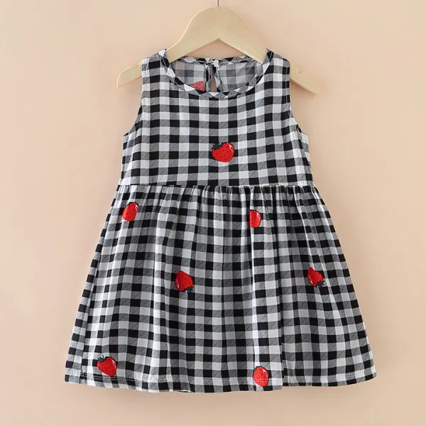 【6M-7Y】Girls Flower And Strawberry Print Sleeveless Dress - Popopieshop.com 