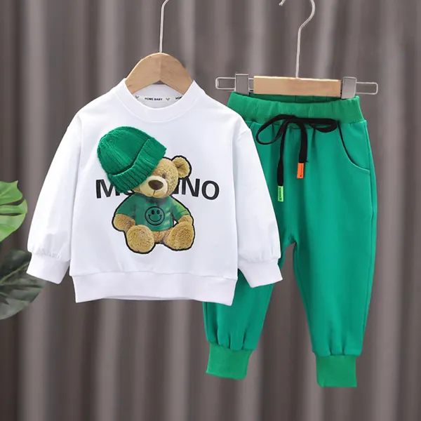【12M-5Y】Boy Cute Cotton Bear Print Long-Sleeved Sweatshirt And Letter Print Pants Set - Popopieshop.com 