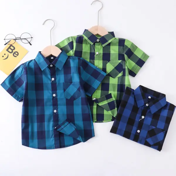 【2Y-11Y】Boys Cotton Multicolor Plaid Short-sleeved Shirt - Popopieshop.com 