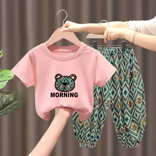 【18M-9Y】2-piece Unisex Kids Bear Print Short-sleeved T-shirt And Pants Set - Popopieshop.com 