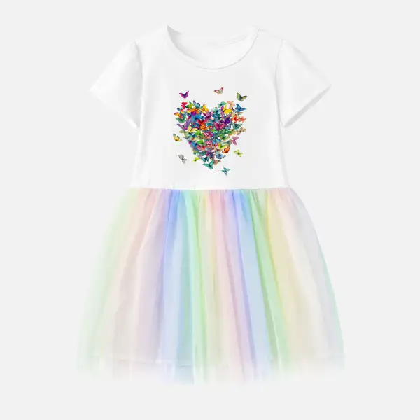 【12M-7Y】Girl Cotton Stain Resistant Colorful Butterfly Print Splicing Tulle Short Sleeve Dress - Popopieshop.com 