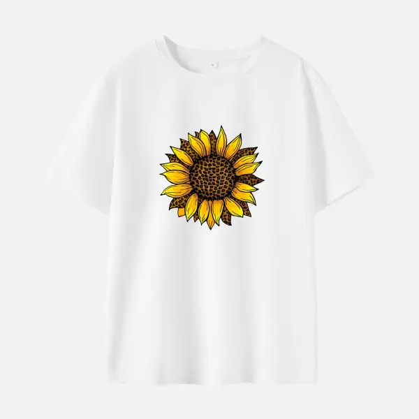 Women Leopard Sunflower Print Cotton Stain Resistant Short Sleeve T-shirt - Popopieshop.com 