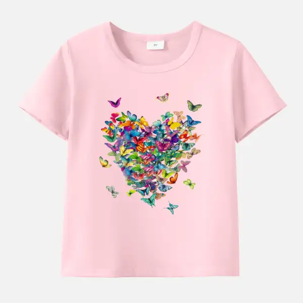 【12M-9Y】Girl Cotton Stain Resistant Colorful Butterfly Print Short Sleeve Tee - Popopieshop.com 
