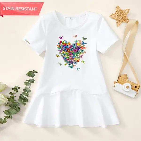 【18M-9Y】Girl Stain Resistant Cotton Colorful Butterfly Print Short-sleeve Dress - Popopieshop.com 