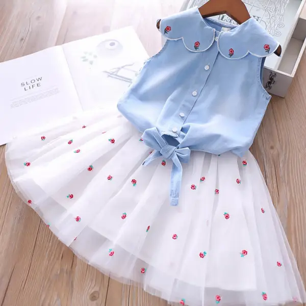 【2Y-9Y】2-piece Girls Floral Embroidered Denim Sleeveless Shirt And Mesh Skirt Set - 34162 - Popopieshop.chimpone.com 
