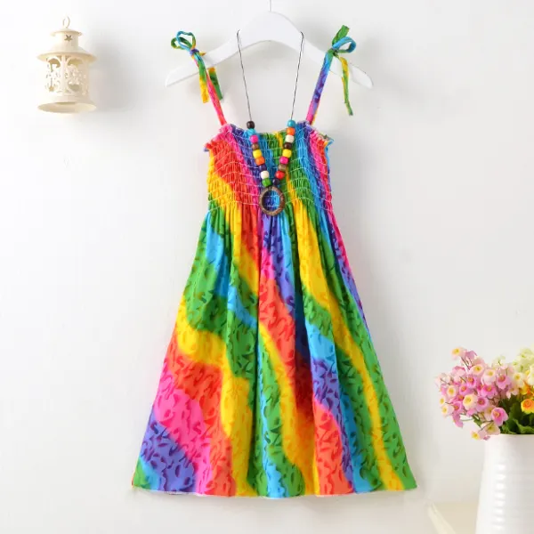 【2Y-13Y】2-piece Girls Fashion Flower And Butterfly Print Slip Bohomia Dress With Necklace - 33323 - Popopie.com 