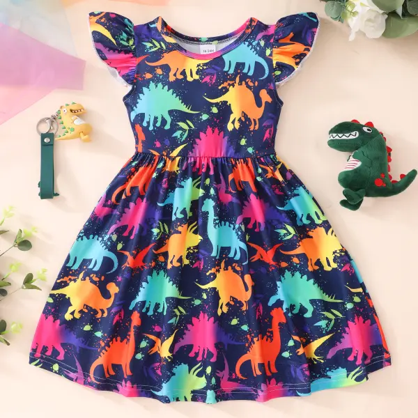 【18M-8Y】Girl Summer Cute Royal Blue Colorful Dinosaur Ruffle Dress - Popopieshop.com 