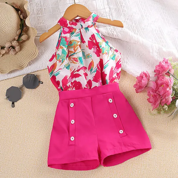 【3Y-7Y】2-piece Girls Fashion Flower Print Halter Neck Top And Shorts Set - 34370 - Popreal.com 
