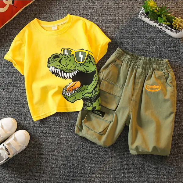 【12M-5Y】Boy Casual Cotton Dinosaur Print Short Sleeve T-shirt And Cargo Shorts Set - 4121 - Popopieshop.com 