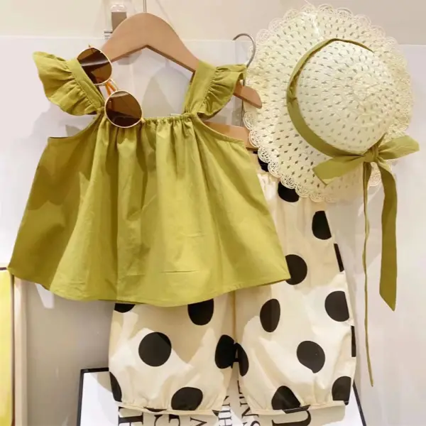 【18M-9Y】3-piece Girls Green Top And Polka Dot Pants Set With Hat - 34639 - Popopieshop.com 
