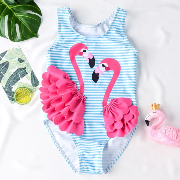 【18M-5Y】Girls Blue Striped Flamingo Print One-piece Swimsuit - Podoasis.com 