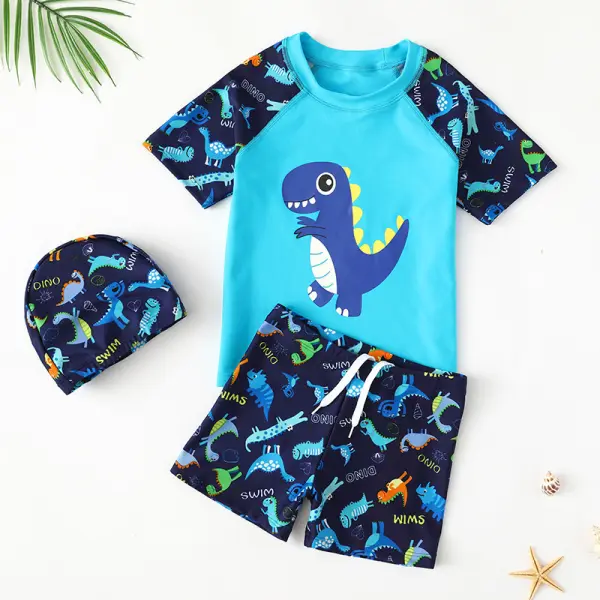 【18M-8Y】3-Piece Boys' Dinosaur Print Swimsuit Set Swimming Cap - Popopieshop.com 