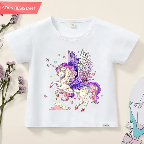 【12M-9Y】Girl Cotton Stain Resistant Unicorn Print Short Sleeve T-shirt - Popopieshop.com 