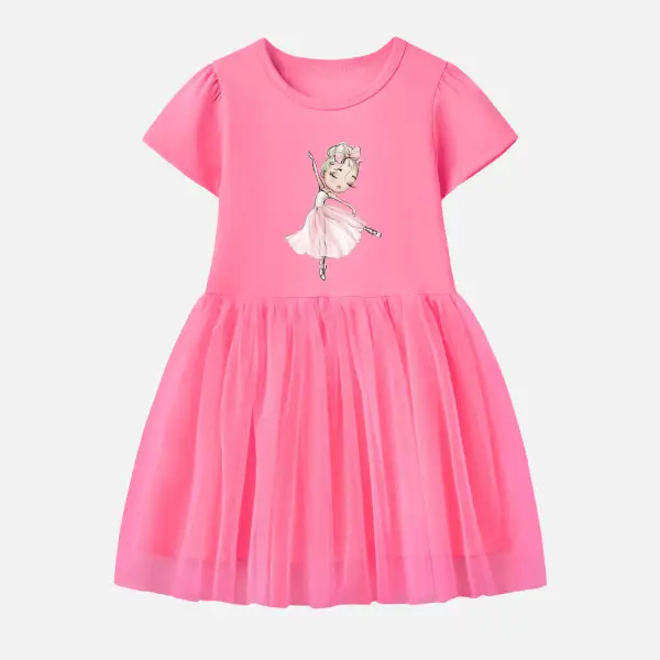 【12M-7Y】Girl Cotton Stain Resistant Dancing Girl Print Splicing Tulle Short Sleeve Dress - 7343 - Popopieshop.com 