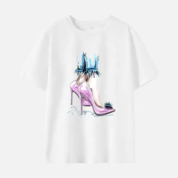Women High Heel Print Cotton Stain Resistant Short Sleeve T-shirt - Popopieshop.com 