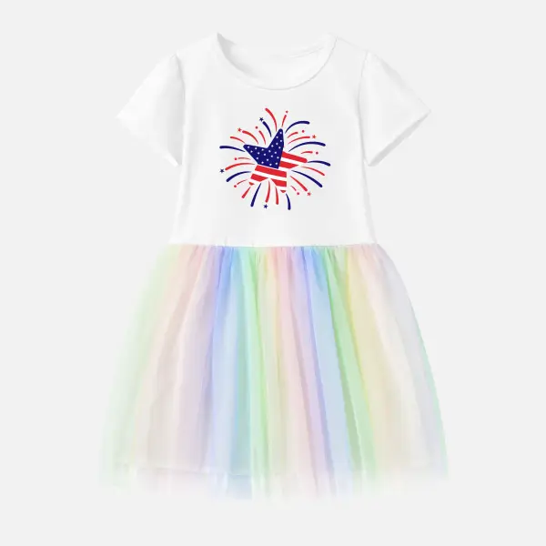 【12M-7Y】Girl Star Print Stain Resistant Splicing Tulle Short Sleeve Dress - Popopieshop.com 