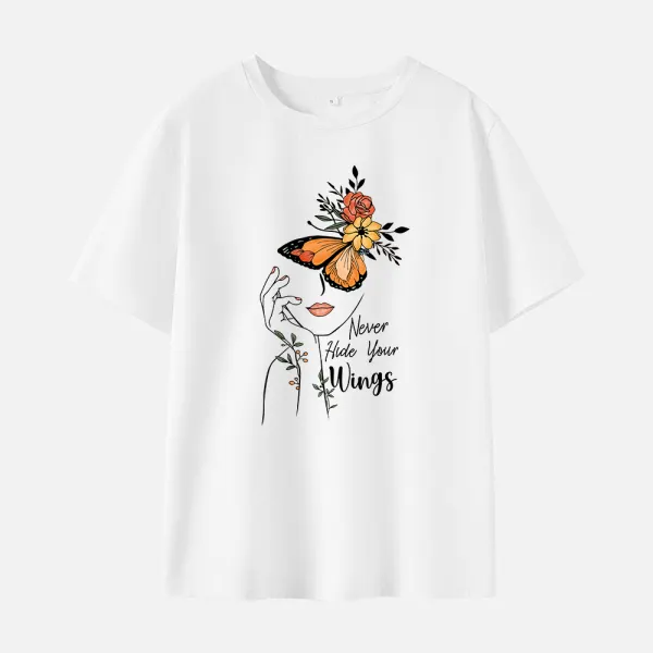 Women Cotton Stain Resistant Butterfly Letters Print Short Sleeve Tee - Popopieshop.com 