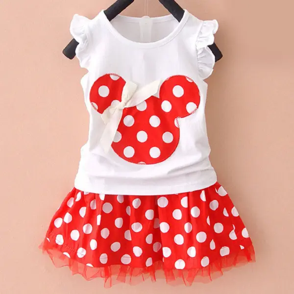 【18M-7Y】2-piece Girls White Short-sleeved T-shirt And Polka Dot Skirt Set - Popopieshop.com 