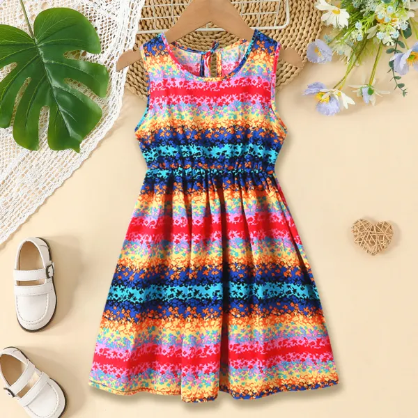 【3Y-13Y】Girls Casual Floral And Striped Colorful Print Sleeveless Resort Style Dress - Popopieshop.com 