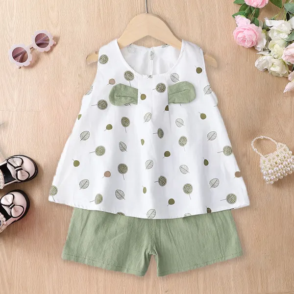 【12M-5Y】Girl Sweet Leaves Print Sleeveless Top And Shorts Set - 34626 - Popreal.com 