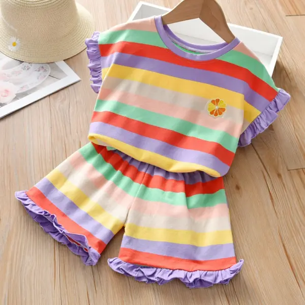 【12M-9Y】2-piece Girls Rainbow Striped T-shirt Shorts Set（Random Color Of Neckline And Cuffs）- 34160 - Popopieshop.com 