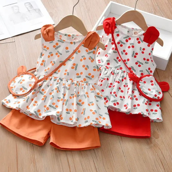 【12M-5Y】Girl Sweet Cherry Print Color Block Sleeveless Top And Shorts Set With Bag - 34398 - Popreal.com 