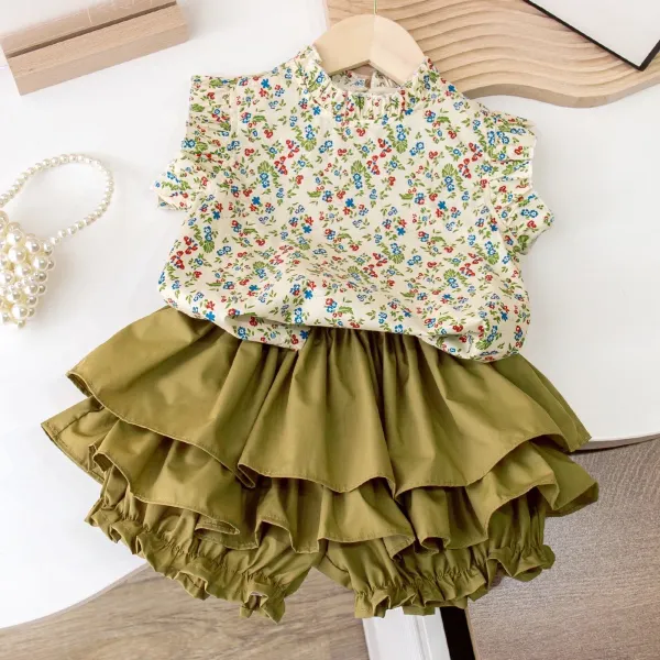 【2Y-8Y】2-piece Girls Sweet Flower Print Top And Ruffle Shorts Set - Popopieshop.com 