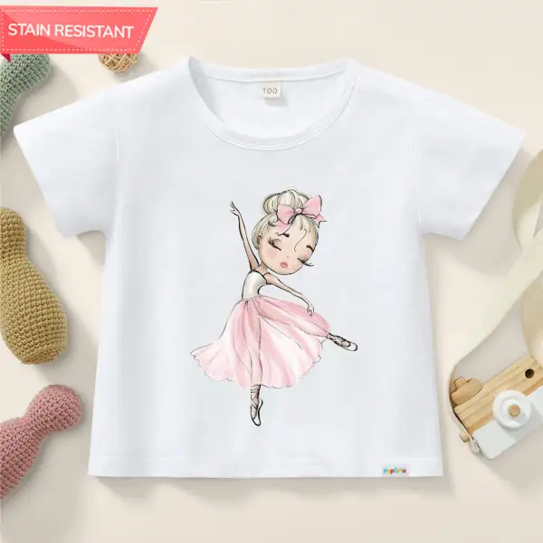 【12M-9Y】Girl Cotton Stain Resistant Ballerina Girl Print Short Sleeve T-shirt - Popopie.com 