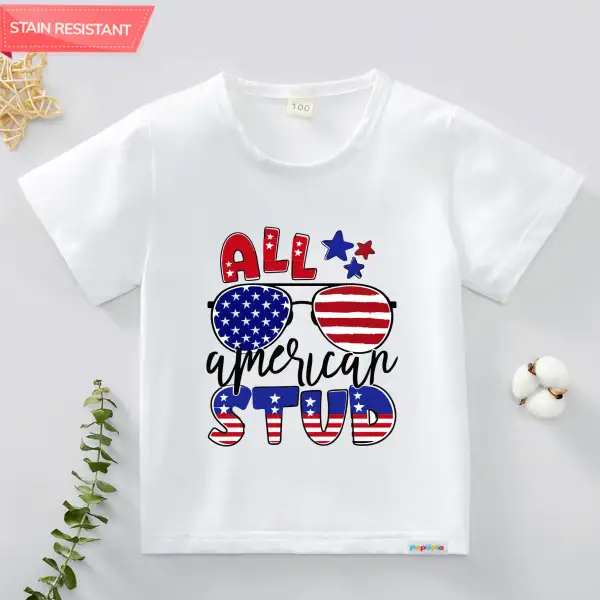 【12M-9Y】Unisex Independence Day Cotton Stain Resistant Letter Print Short Sleeve Tee Only $14.99 - Popopieshop.com 