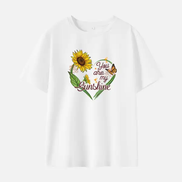 Women Sunflower Letter Heart Shape Print Cotton Stain Resistant Short Sleeve T-shirt - Popopieshop.com 
