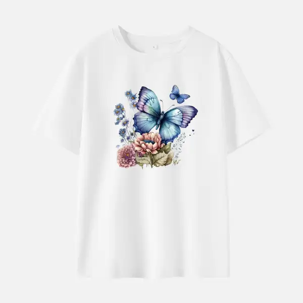 Women Flower Butterfly Print Cotton Stain Resistant Short Sleeve T-shirt - Popopieshop.com 