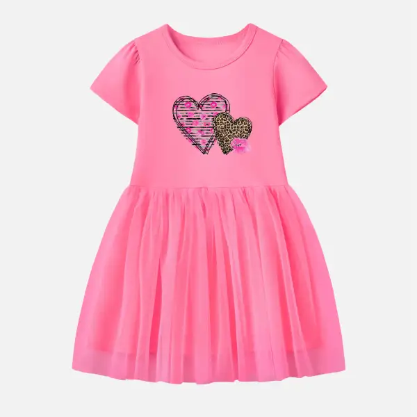 【12M-7Y】Girl Cotton Stain Resistant Leopard Heart Print Splicing Tulle Short Sleeve Dress - Popopieshop.com 
