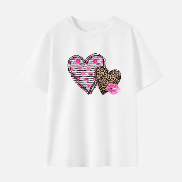 Women Leopard Lips Heart-shaped Print Cotton Stain Resistant Short Sleeve T-shirt - Popopieshop.com 